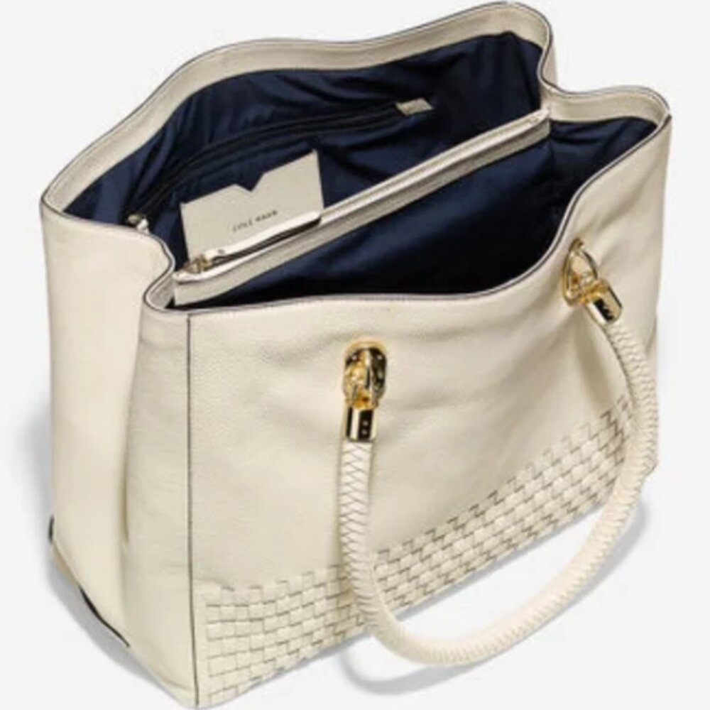 Beautiful Cream Cole HAAN braided handle gold trim  weave purse soft tote bag